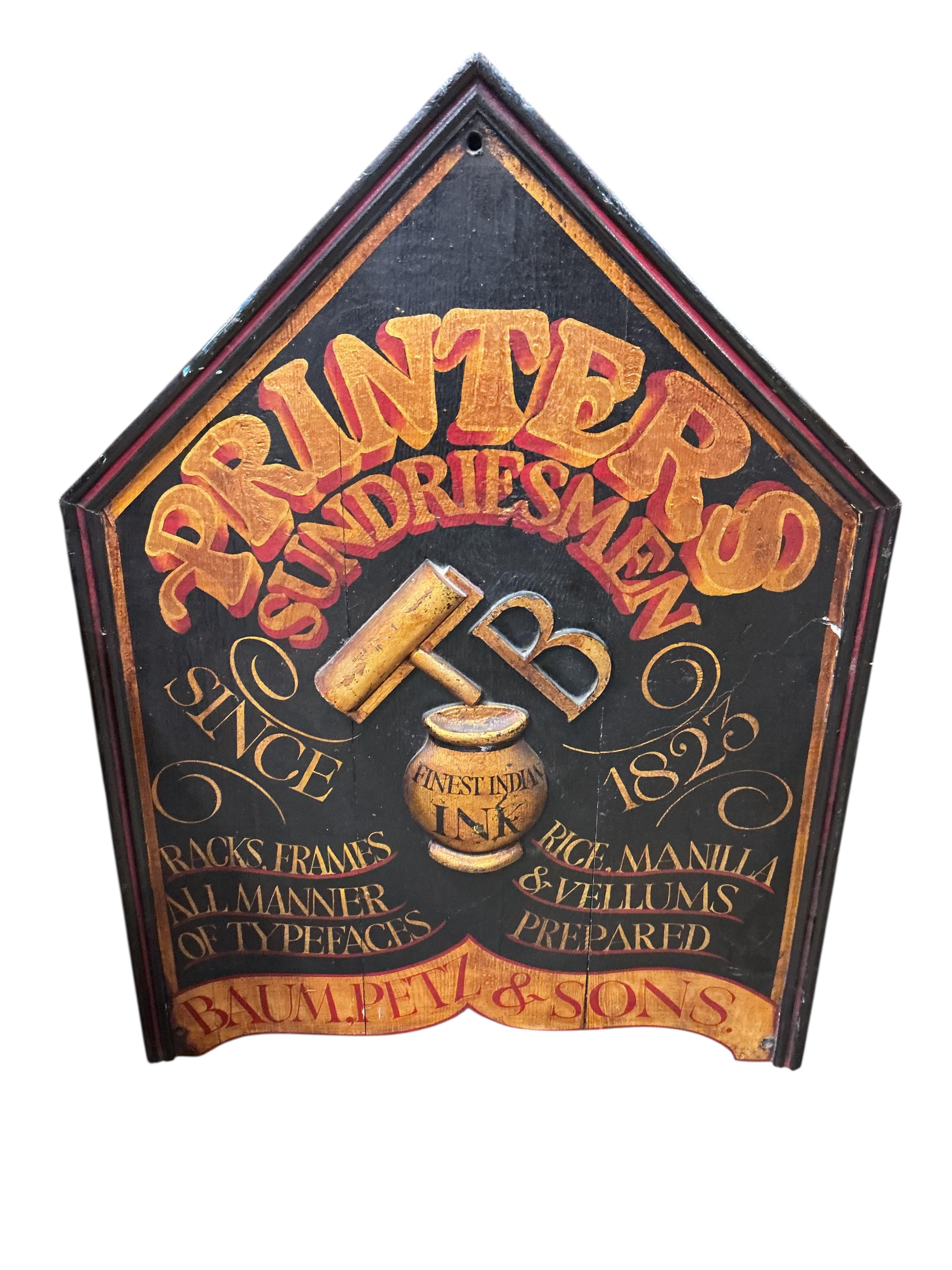 Two reproduction painted wood shop signs, larger width 66cm, height 93cm